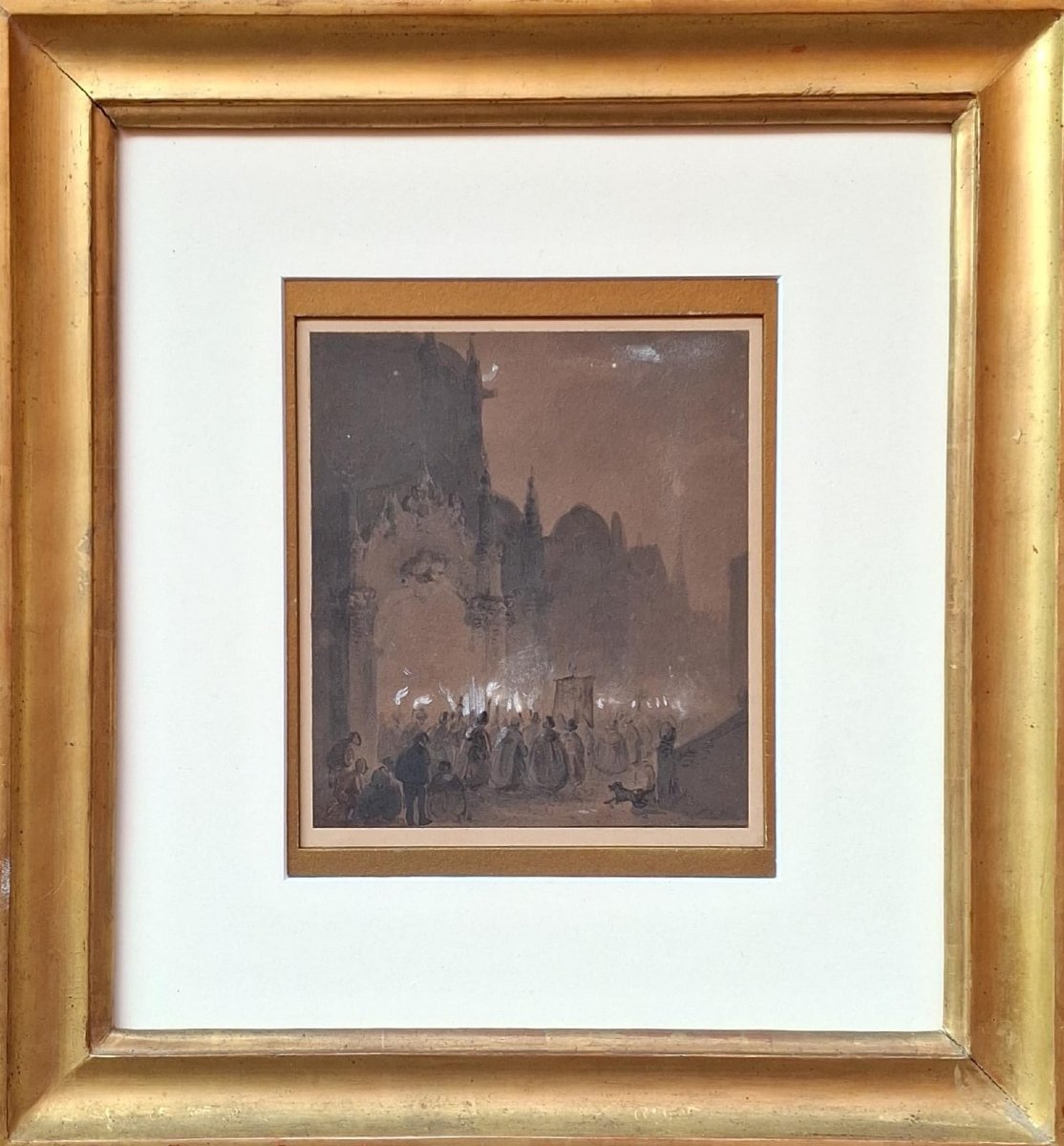 French Artist - 19th Century - Night Procession - Drawing And Watercolor-photo-2
