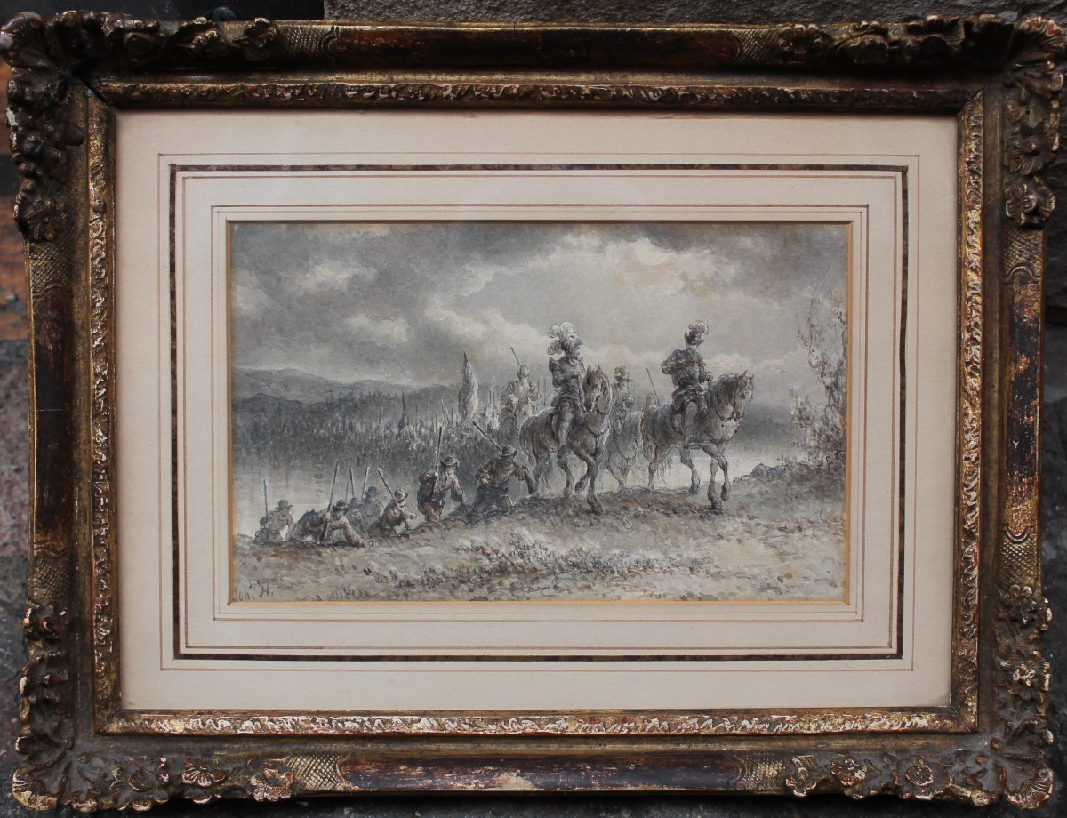 Johannes Hilverdink - Army On The March - Drawing Watercolour - Signed-photo-2