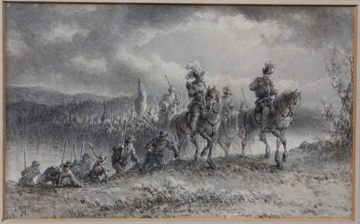 Johannes Hilverdink - Army On The March - Drawing Watercolour - Signed