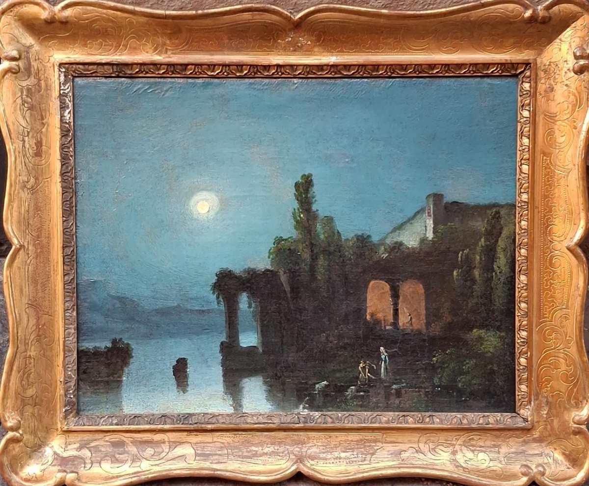 Nocturne - Neapolitan School - Posillipo - 19th Century - Oil On Canvas - Original Frame-photo-1