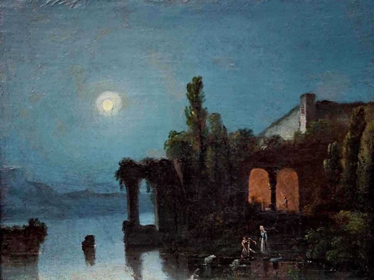 Nocturne - Neapolitan School - Posillipo - 19th Century - Oil On Canvas - Original Frame