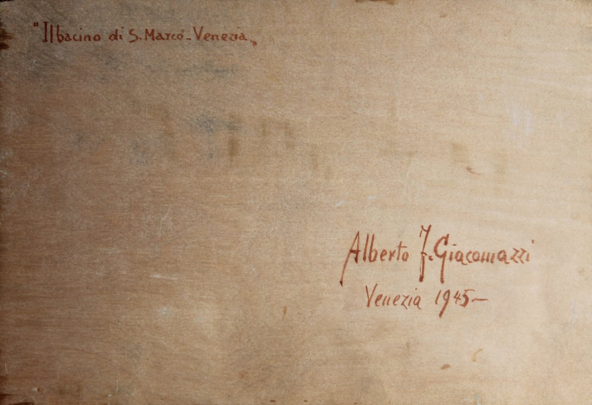Alberto Giacomazzi - Venice: St. Mark's Bay - Signed Oil On Panel, Dated 1945-photo-2
