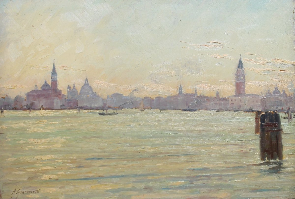 Alberto Giacomazzi - Venice: St. Mark's Bay - Signed Oil On Panel, Dated 1945