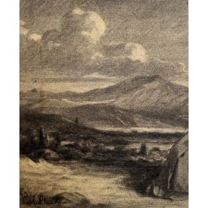 Paul Flandrin (1811 - 1902)  Paysage de montagne Dessin Signé