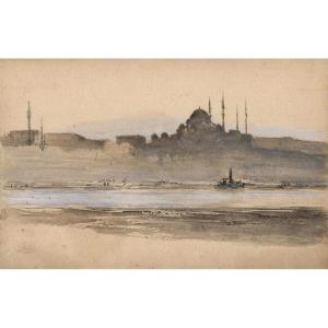 Léonce Chabry (1832 - 1882) Vue d'Istanbul, Aquarelle, Cachet