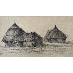 Camille Flers (1802 - 1868) Study For Barns, Barbizon Drawing Monogrammed C.f
