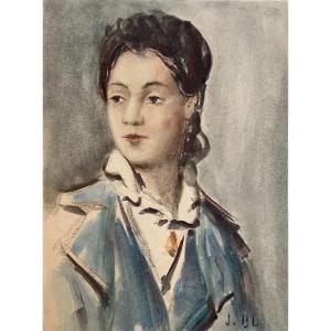 Jules Bastien-Lepage (1848 - 1884)  Portrait d'Une Femme Aquarelle Monogrammé