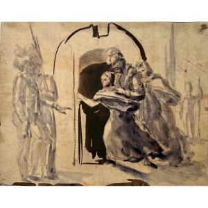 Auguste Raffet (1804 - 1860) Study Of A Historical Scene, Drawing Watercolor