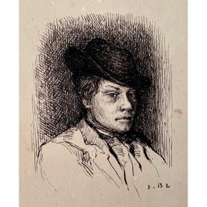 Jules Bastien-Lepage (1848 - 1884) - Autoportrait - Dessin Encre de Chine - Monogrammé