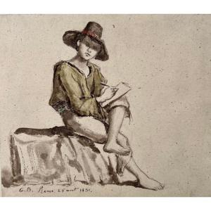 Jeune Homme Dessinant - Guillaume Bodinier - Dessin aquarelle XIX - monogrammeé et daté 1831