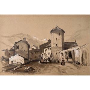 Eugène Cicéri (1813 - 1890) Vue d'Un Petit Village Des Pyrénées Dessin Signé