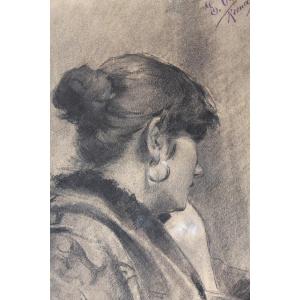 Eugenio Oliva Y Rodrigo (palencia, 1852 - Villaconejos, 1925) - Drawing - Portrait De Femme 