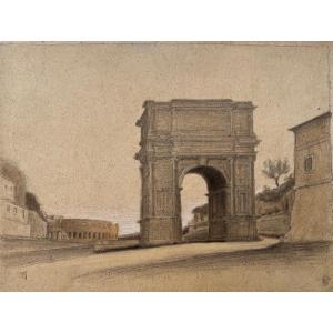 Isidore Pils (1813 - 1875 ) Arc De Titus Au Forum Romain Avec Le Colisée Rome Dessin Cachet