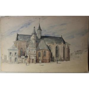 Drawing And Watercolor - The Church Of Boulogne (fr) - 19th Century