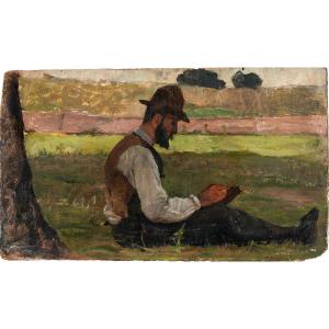 Luigi Serra - Bologna - 19th Century - Oil On Panel - A Draftsman Under A Tree