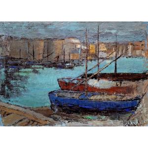 CLAUDIO PULLI - SARDAIGNE - HUILE SUR TOILE - SIGNÉE - VUE DU PORT