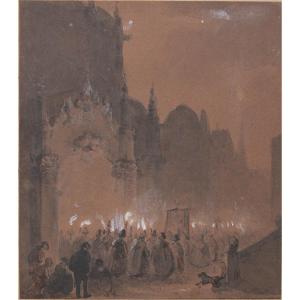French Artist - 19th Century - Night Procession - Drawing And Watercolor