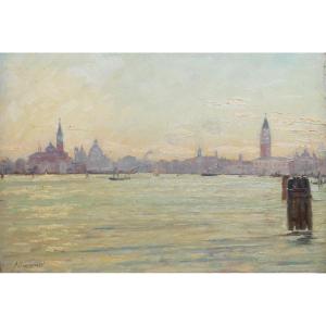 ALBERTO GIACOMAZZI - VENEZIA BACINO DI SAN MARCO - OLIO SU TAVOLA FIRMATO DATATO 1945