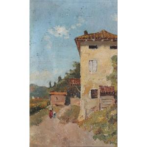 Luigi Bertelli - Oil On Zinc - Landscape With A Cottage - Interesting Label Indicating Origin