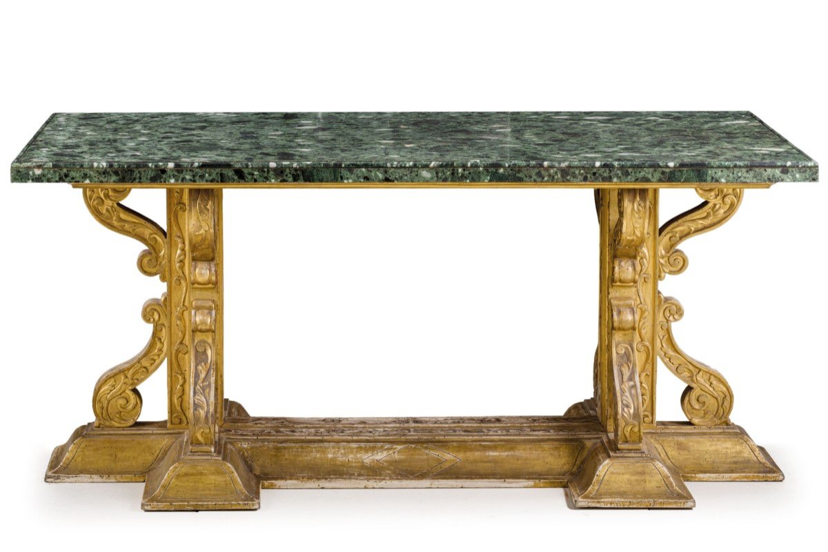 Table En Bois Doré Avec Plateau En Marbre,italie XIXème Siècle 