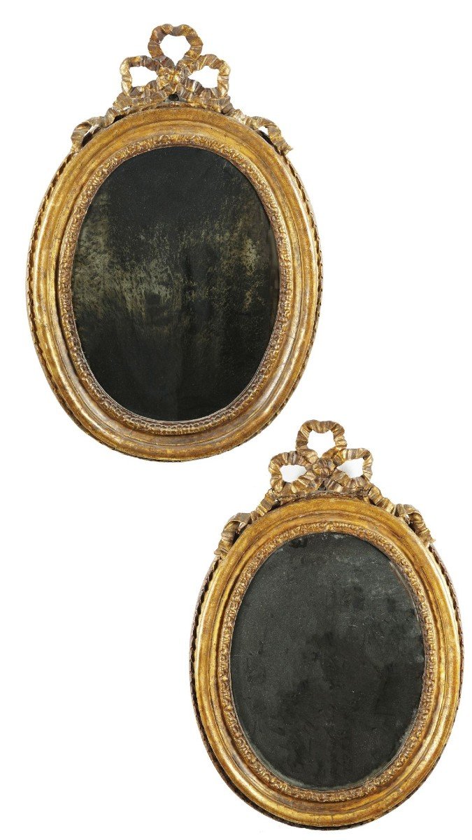 Pair Of Oval Mirrors, Gilded Wood, Naples Italy XVlllth Century
