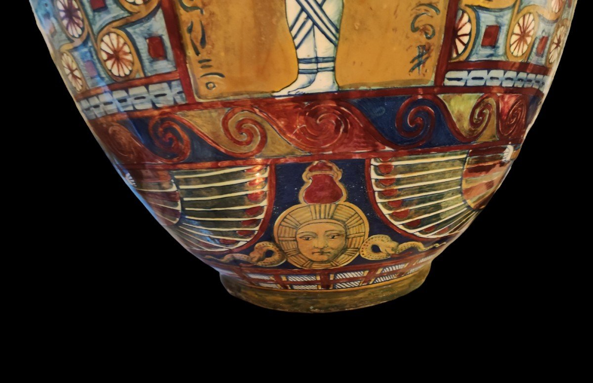 Vase With Egyptian Decorations, Ceramic Santarelli Italy Beg. XXth Century -photo-4