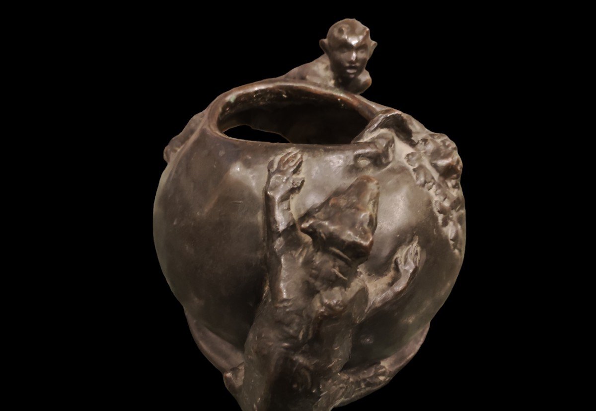 Faune Et Ours, Sculpture Bronze Italie XXème Siècle -photo-2
