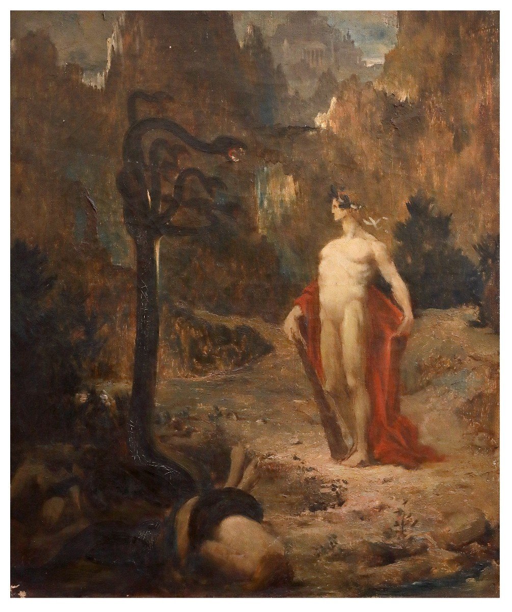 Hercules And The Hydram Painting Oil On Canvas, Around G. Moreau France XIXth Century