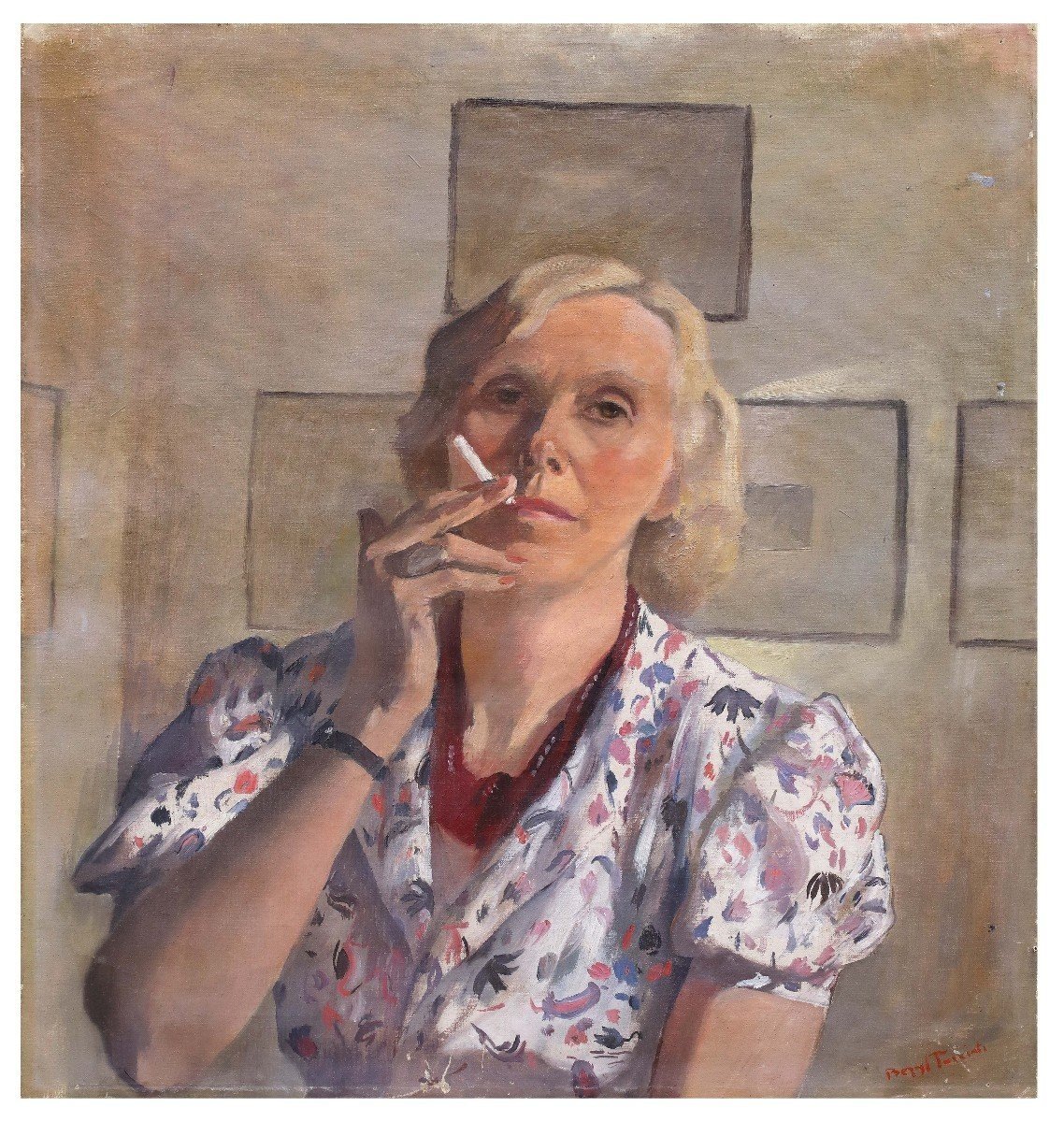 Autoportrait Avec Cigarette, Tableau Par B.high Tumiati  Italie 1930 