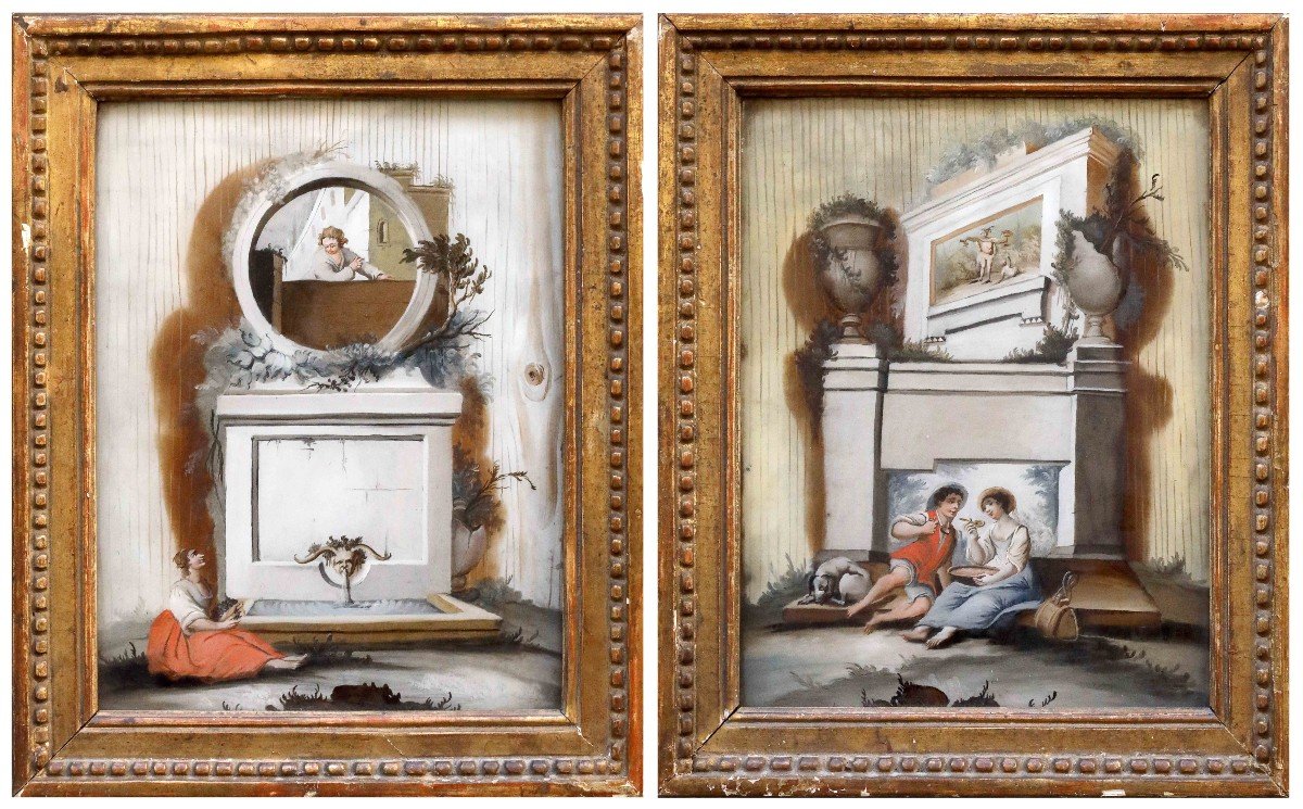 Paire De Sous Verres Avec Ruines Et Personnages, Venice Italie XVIIIème Siècle 