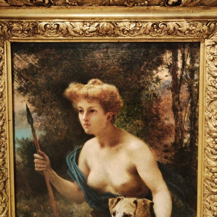 Diane Chasseresse, Tableau Par H. Danger , France Fin XIXème Siècle  Art Nouveau -photo-2