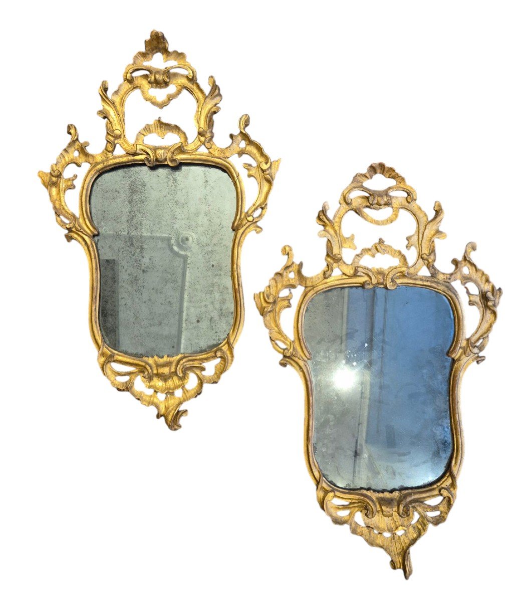 Paire De Miroirs, Bois Sculpté Et Doré, Italie XVIIIème Siècle 
