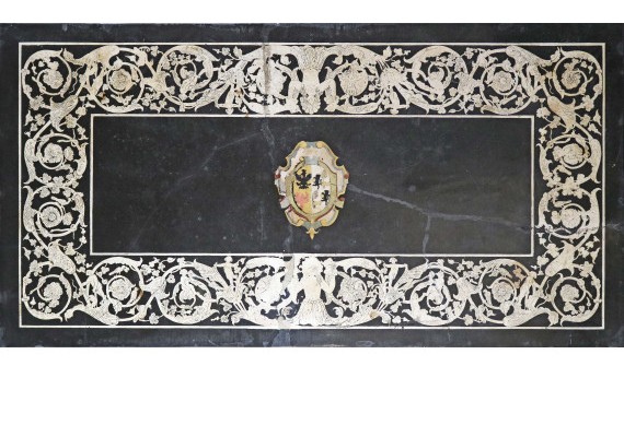 plateau de table avec double blason noble, Scagliola , Italie XVIIIème Siècle -photo-2
