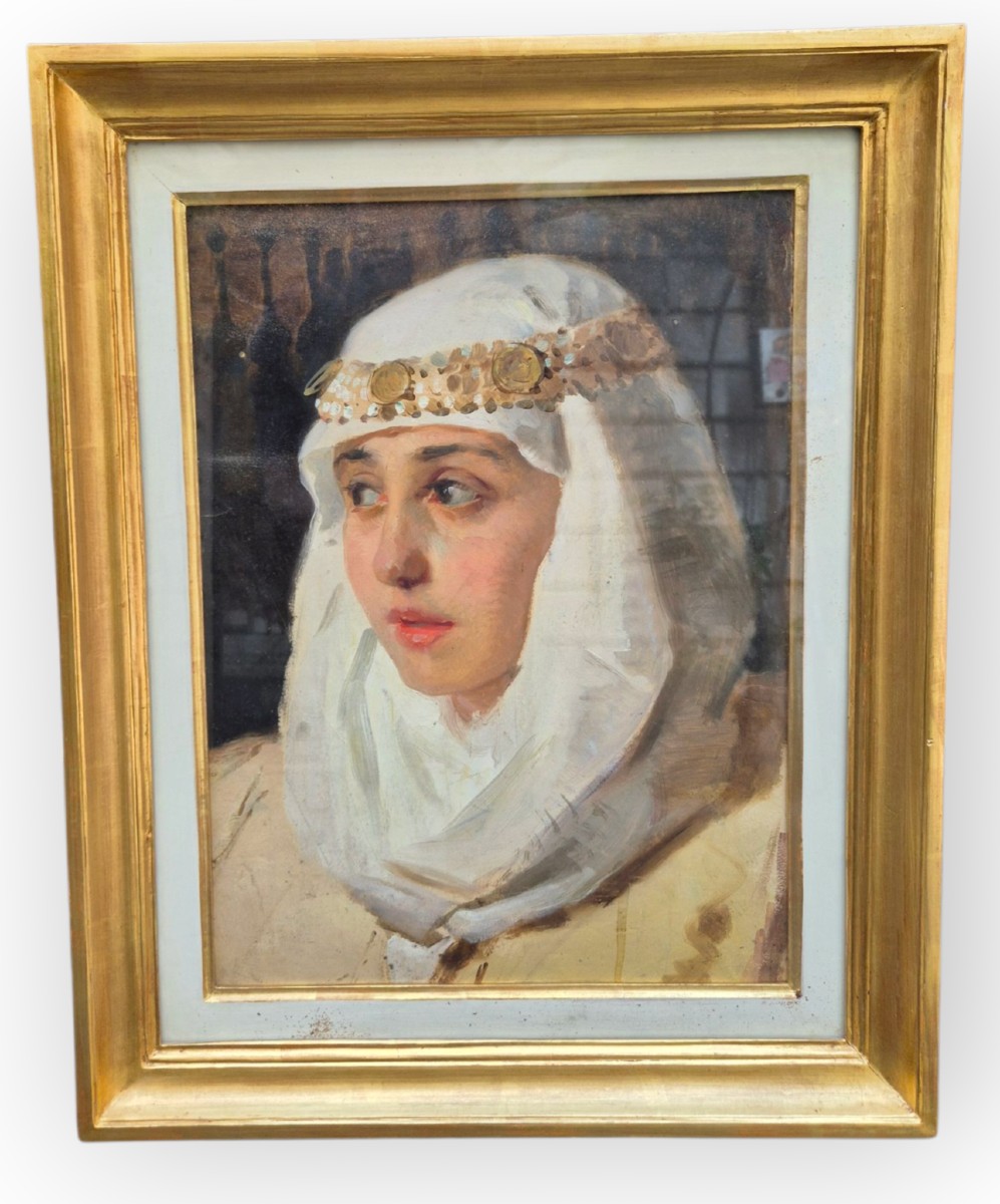 portrait d'une femme en costume oriental, Tableau , attr. à L. Pogliaghi. Italie XIXème Siècle -photo-3