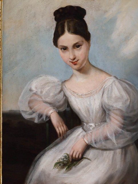 Portrait De Jeune Fille En Blanc, Tableau, France XIXéme Siècle -photo-2