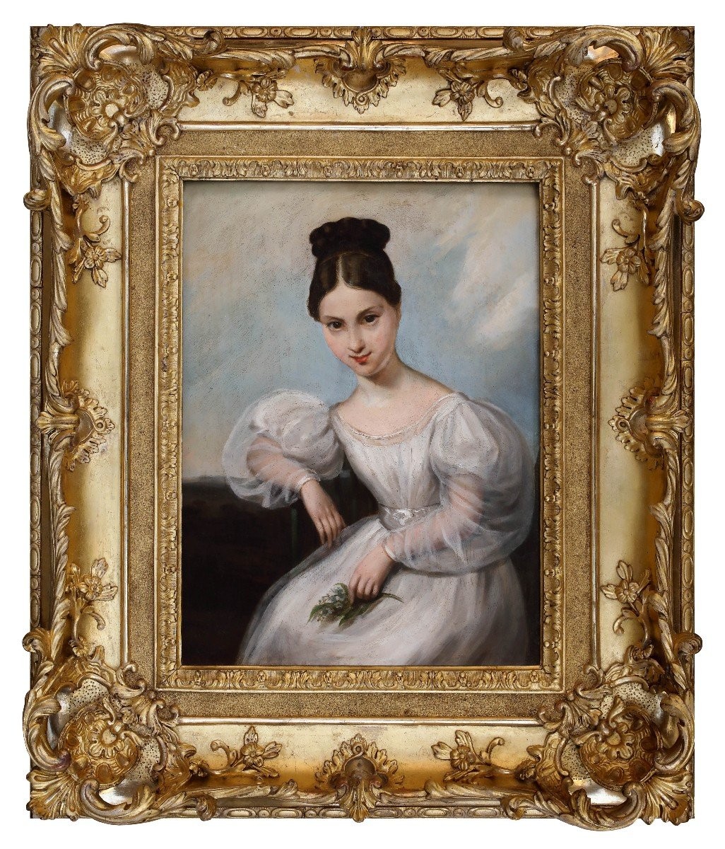 Portrait De Jeune Fille En Blanc, Tableau, France XIXéme Siècle 