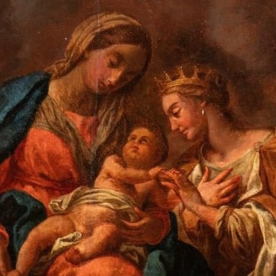 Matrimonio Mistico Di Santa Caterina, Dipinto Olio Su Tavola Italia XVII Secolo  Sul Retro Anti-photo-2