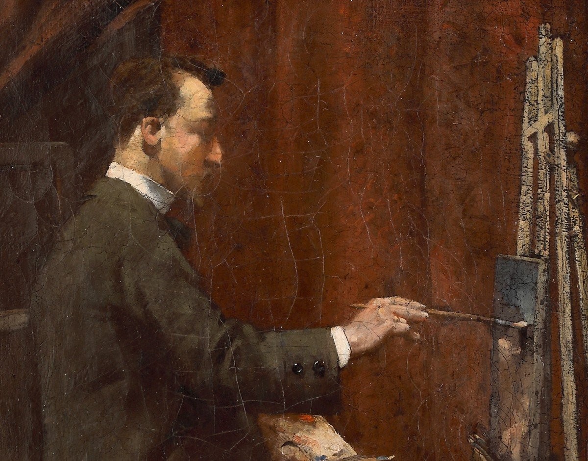 Portrait De Peintre Au Chevalet (autoportrait) , Tableau France XIXème Siècle -photo-3