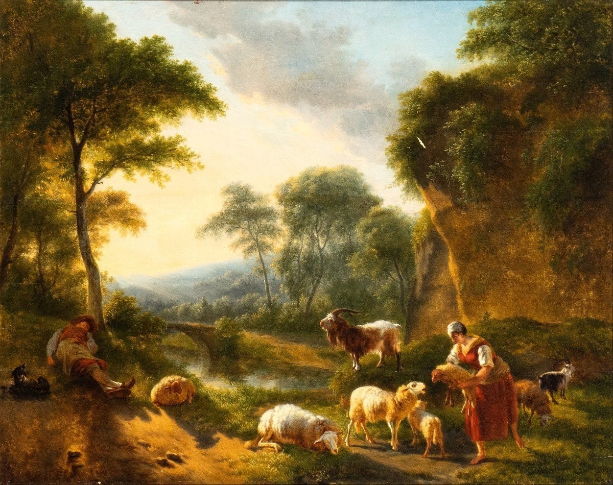 Arcadian Italian Landscape .  Painting By B. Ommerganck  , Flanders   XVIIIth Century Grandtour