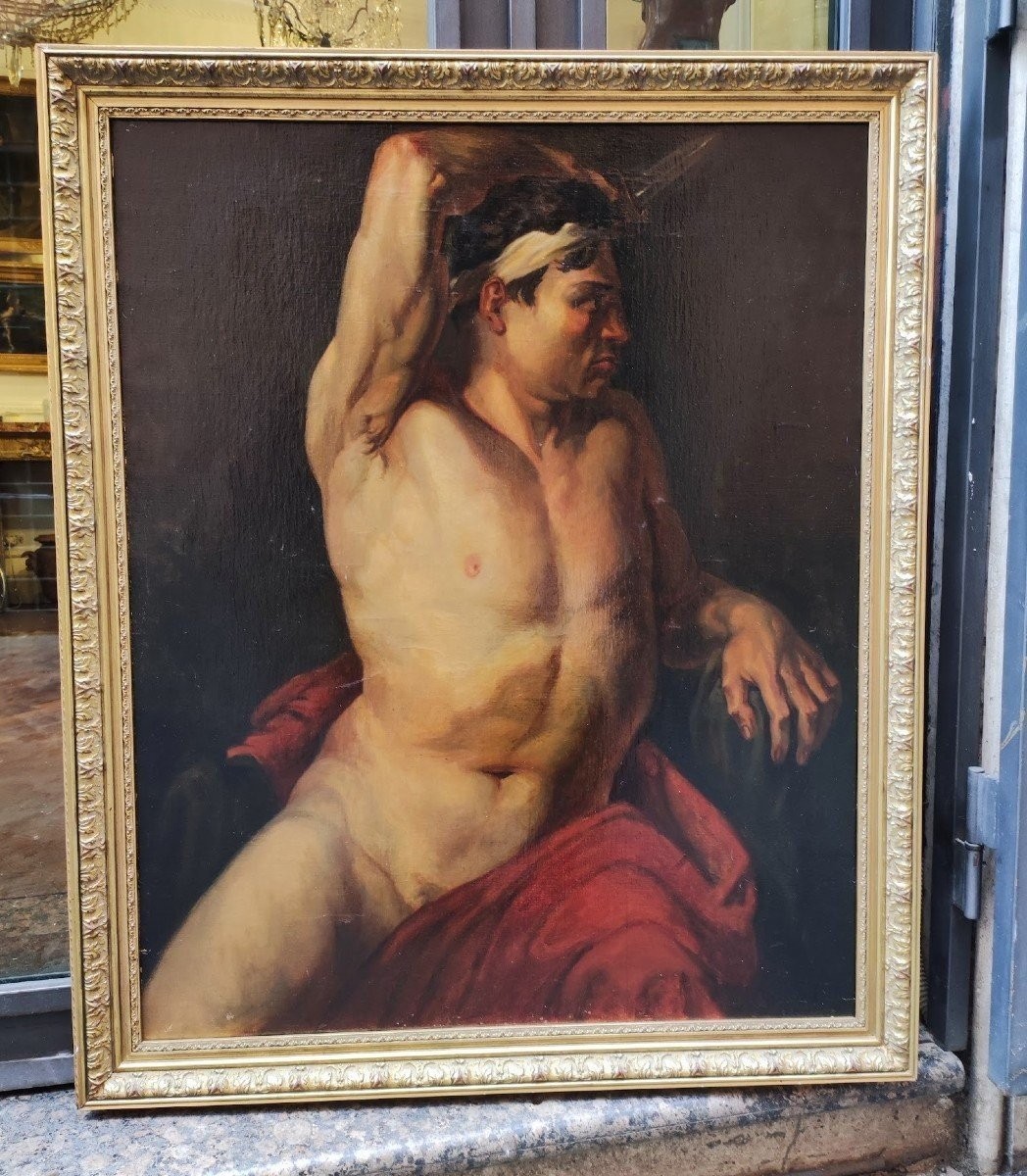 Nu Académique Avec Poignard, Tableau  Hulie Sur Toile , France XIXéme Siècle -photo-1