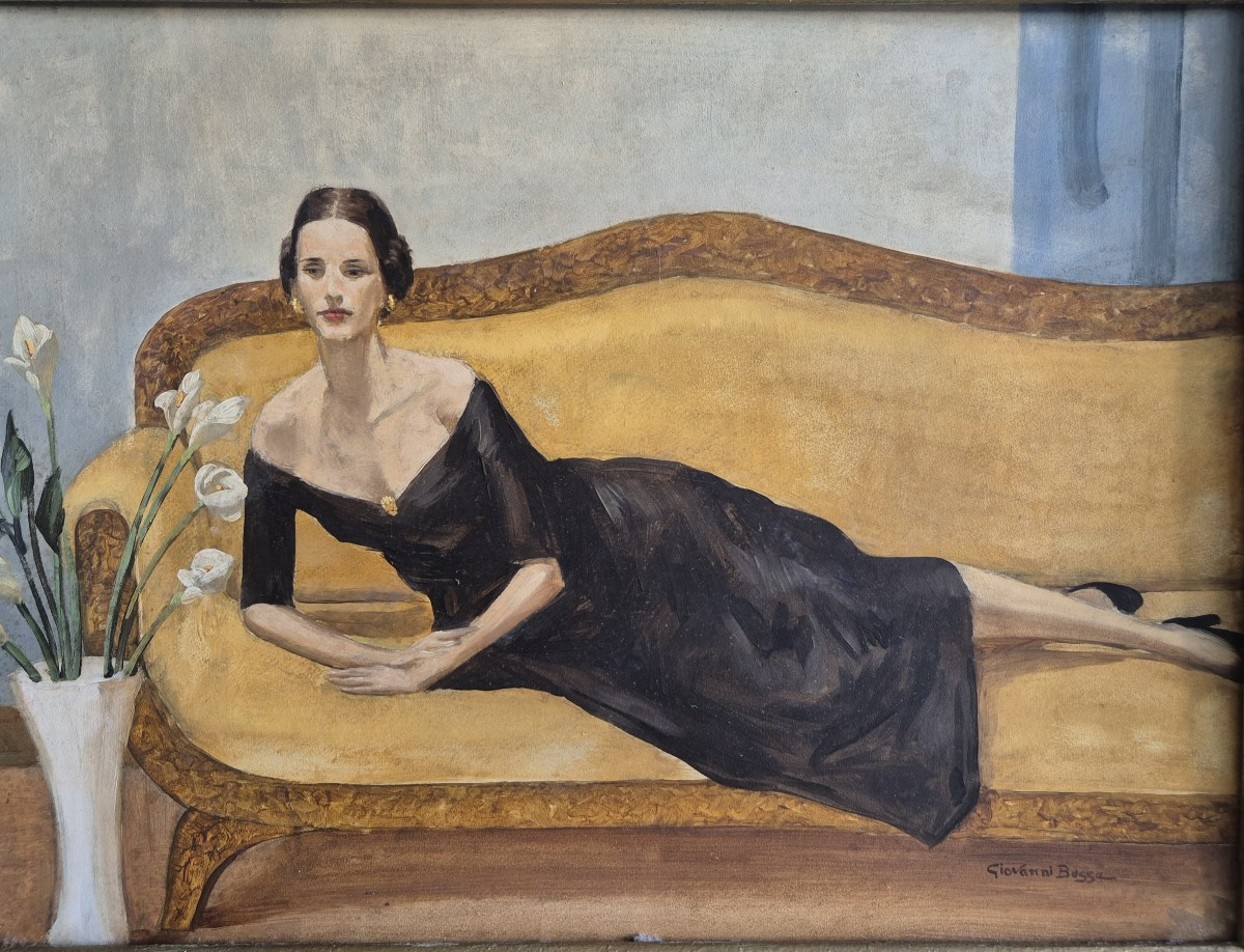 Portrait d'une dame sur le canapé, Tableau par G. Bussa , Italie XXème Siècle artdecò-photo-2