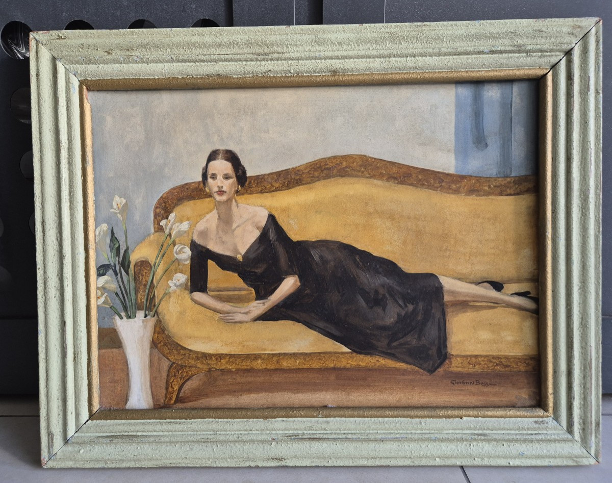 Portrait d'une dame sur le canapé, Tableau par G. Bussa , Italie XXème Siècle artdecò-photo-1