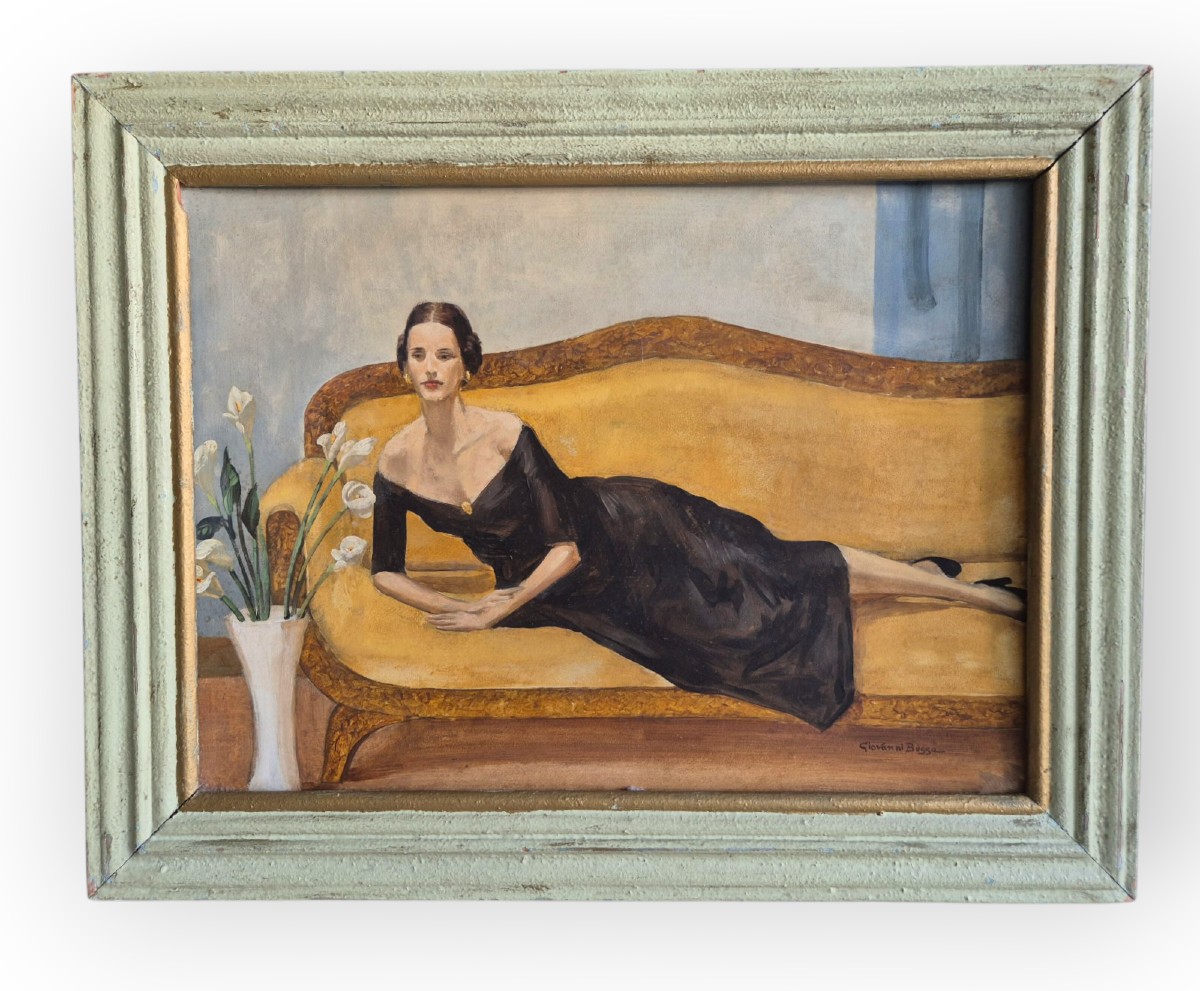 Portrait d'une dame sur le canapé, Tableau par G. Bussa , Italie XXème Siècle artdecò