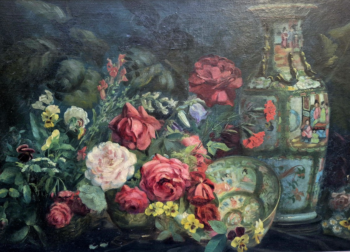 Still Life With Imari Porcelain, Painting France XXth Century-photo-3