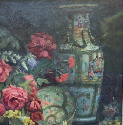 Still Life With Imari Porcelain, Painting France XXth Century-photo-4