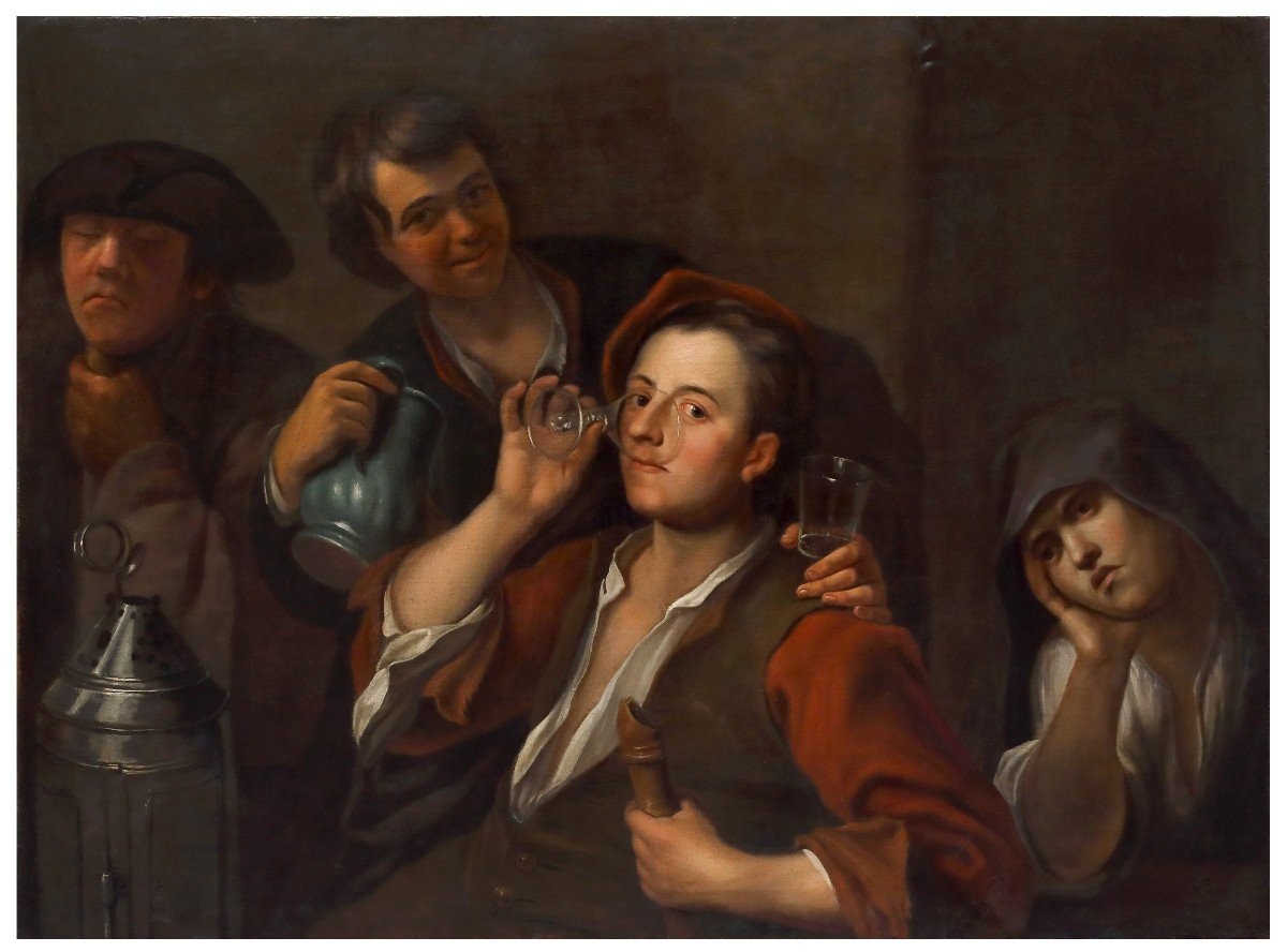 Tavern Scene, The Drinkers, Oil On Canvas, Caravaggesque School, Rome Or Naples, Italy, 17th Ce