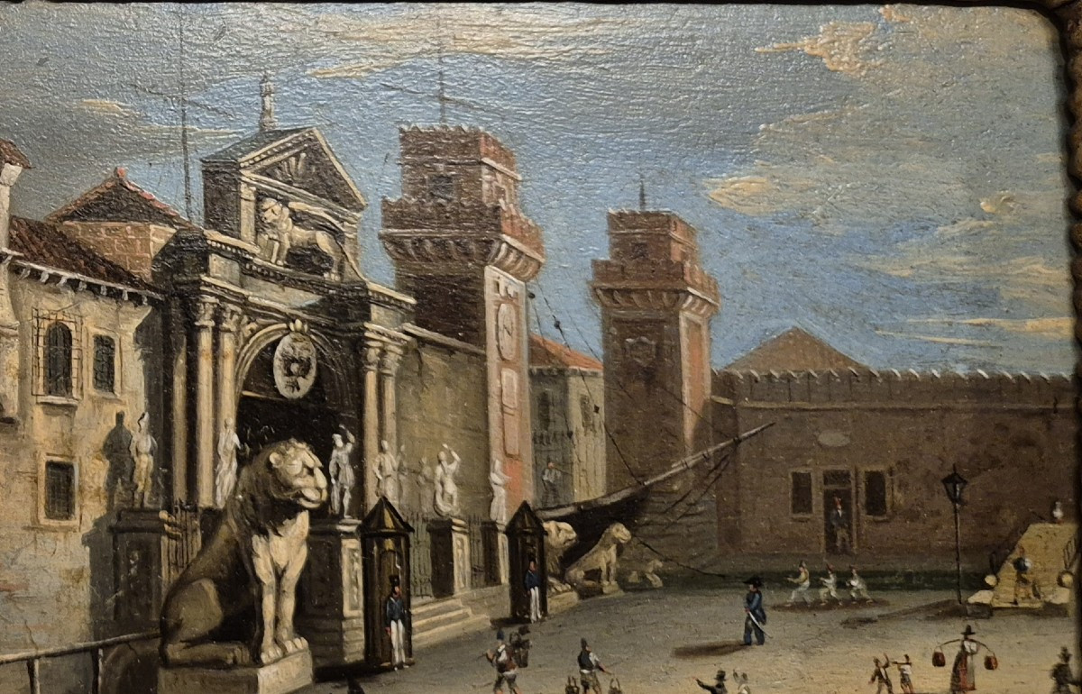 The Entrance To The Venetian Arsenal, Painting Venetian School, Italy XIXth Century-photo-2