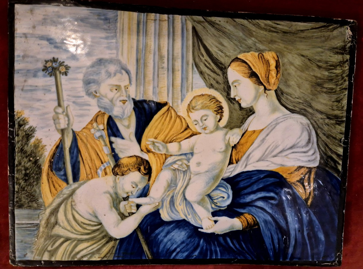 Majolica plaque Sainte Famille et John Enfant Carmine Gentili Castelli Italie XVIIIéme siécle 