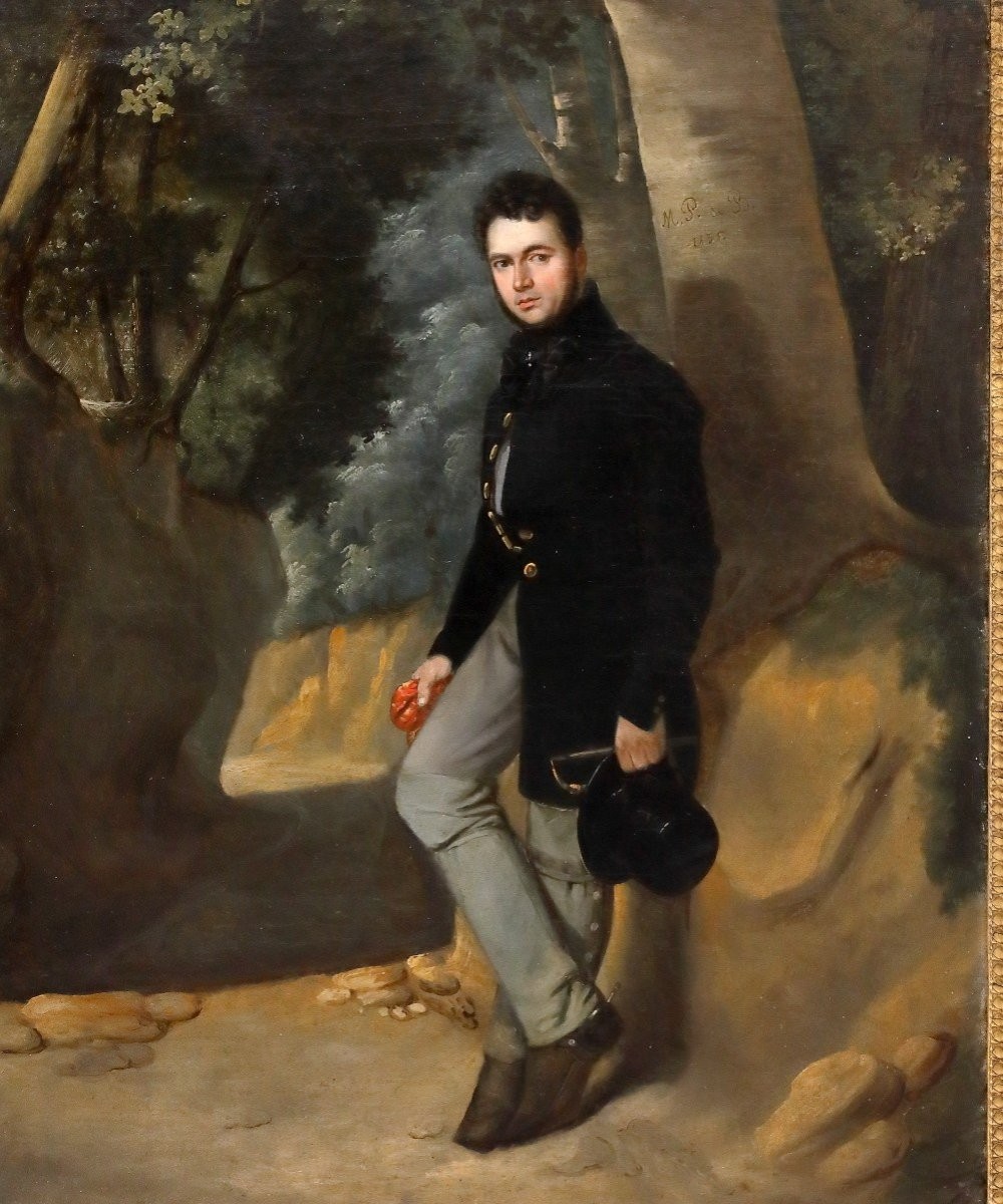 Portrait Of Gentleman In A Park, Painting Italy Or France XIXth Century-photo-2