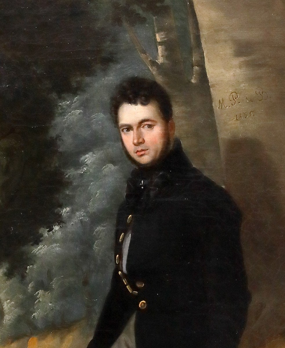 Portrait Of Gentleman In A Park, Painting Italy Or France XIXth Century-photo-3